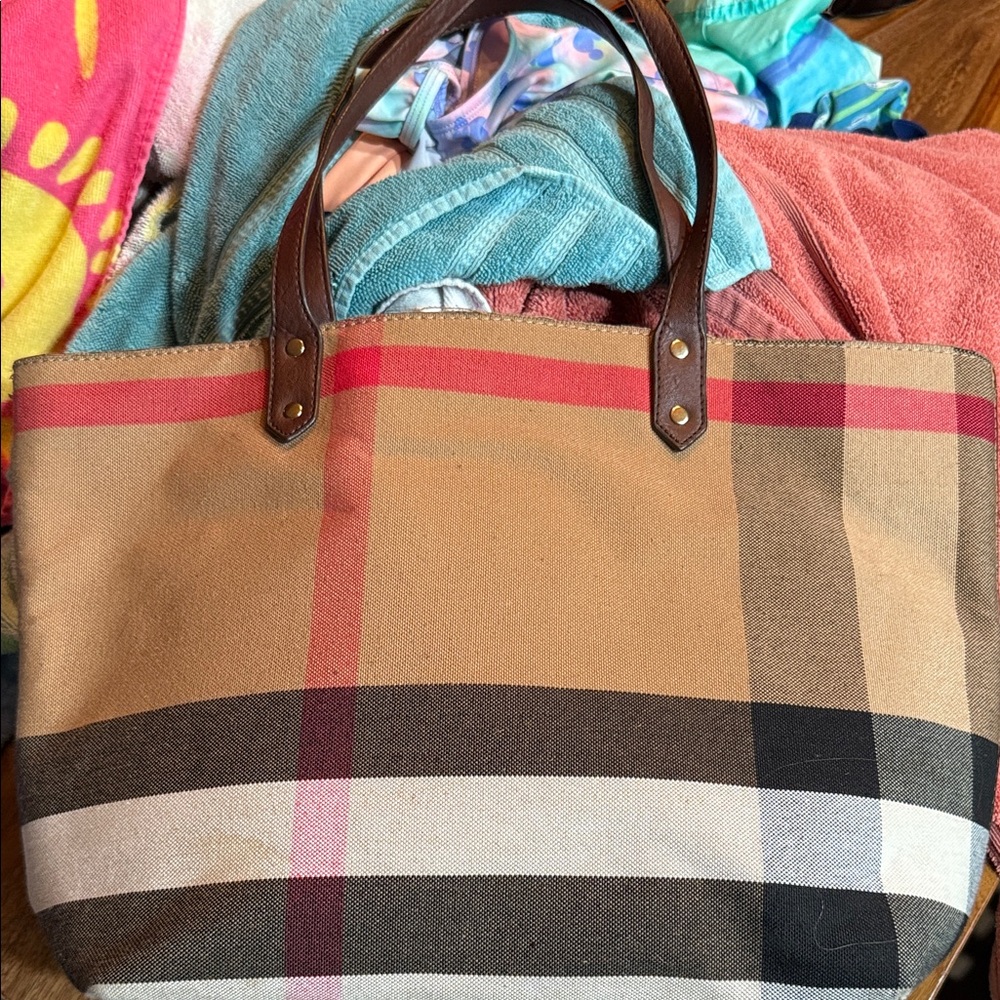Burberry Tan and Brown Plaid Tote Bag